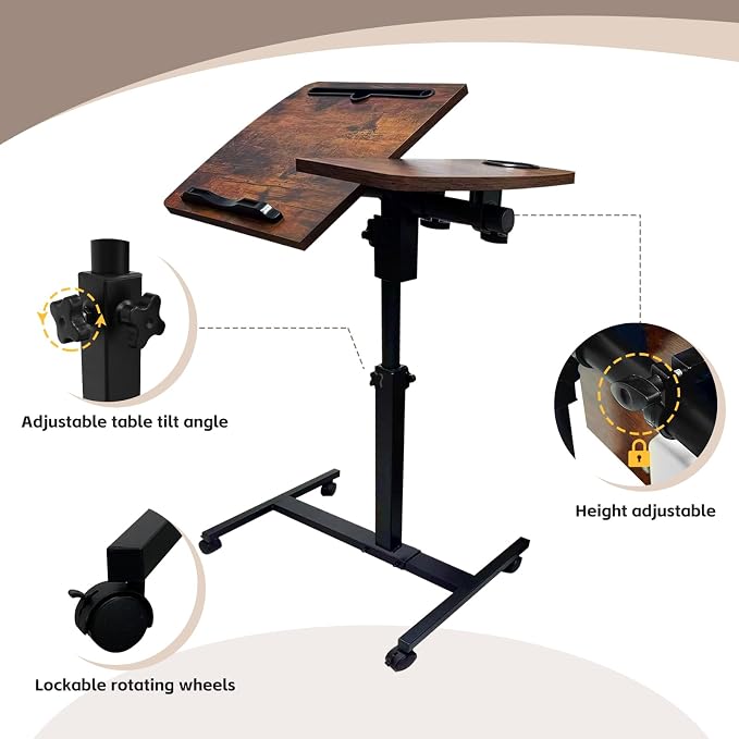 Overbed Table with Wheels Adjustable Height, Tiltable Desktop with Tray - Image 7