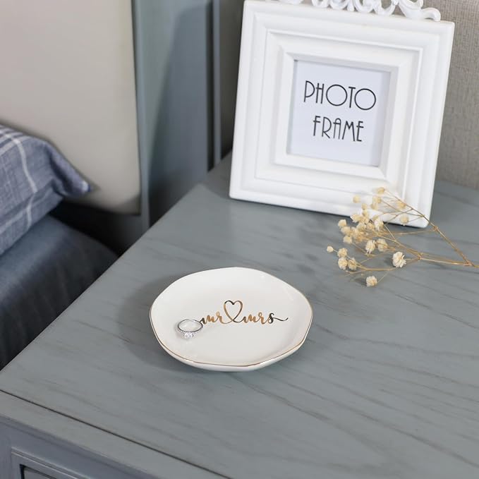 Mr.& Mrs Wedding Ring Dish-Jewelry Dish Tray-Ceramic White - Image 5