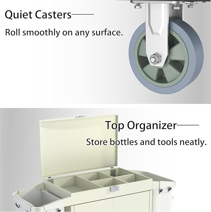 Heavy Duty Metal Housekeeping Janitorial Cart, Silent Casters, Locking Large - Image 7