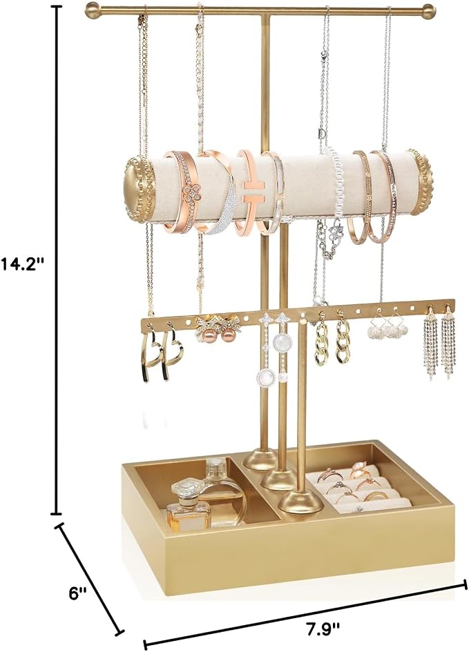 Jewelry Organizer Stand Necklace Organizer Earring Holder, 3-Tier Gold Jewelry - Image 8