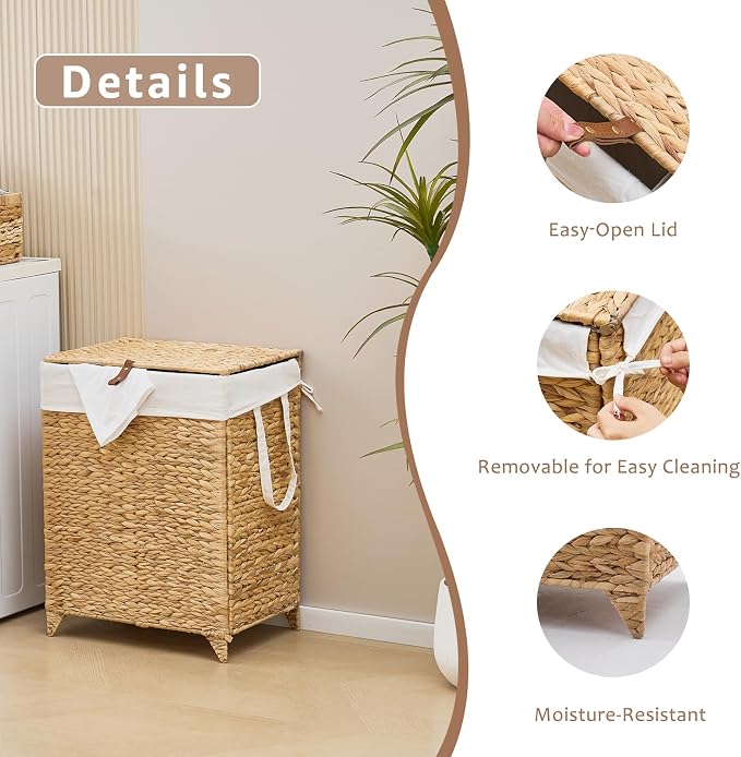 Laundry Hamper with Lid and Removable Liner Bag, Handwoven Natural Hyacinth - Image 7