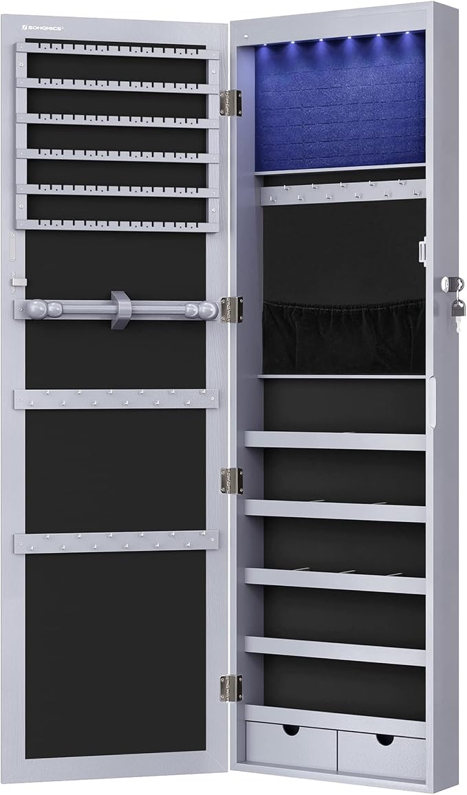 SONGMICS 6 LEDs Mirror Jewelry Cabinet, 47.2-Inch Tall Lockable Wall or Door - Image 9