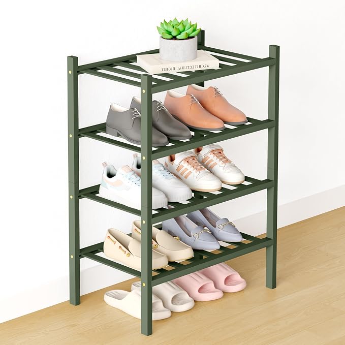 Smiry Bamboo Shoe Rack for Closet, 4 Tier Small Wooden Stackable Shoe Organizer by Smiry
