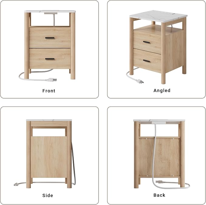 Night Stand Set of 2 with Charging Station, 2 Drawers End Table with Solid - Image 7