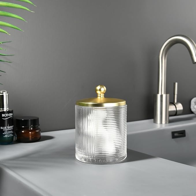 Clear Transparent Apothecary Ribbed Geometric Etched Glass Jar W/Gold Lid Cover - Image 8