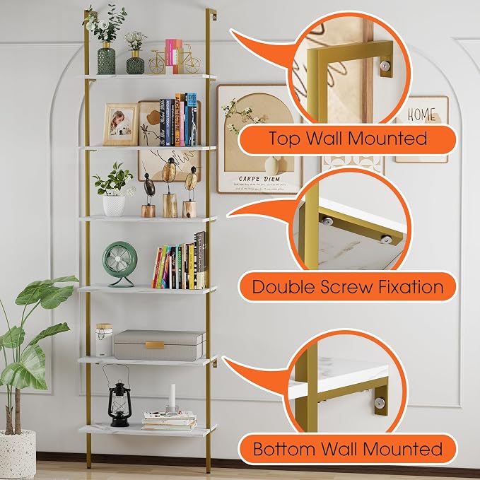 Ladder Shelf 6 Tiers Marble White Modern Bookshelf Open Tall Wall Mount - Image 9