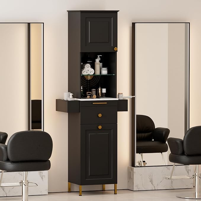 Salon Stations for Hair Stylist, Barber Station w/Glass Shelf & Golden Handles - Image 9