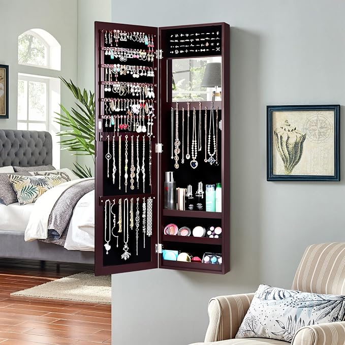 COSTWAY Full Length Mirror Jewelry Cabinet, Wall Door Mounted Jewelry Organizer - Image 9