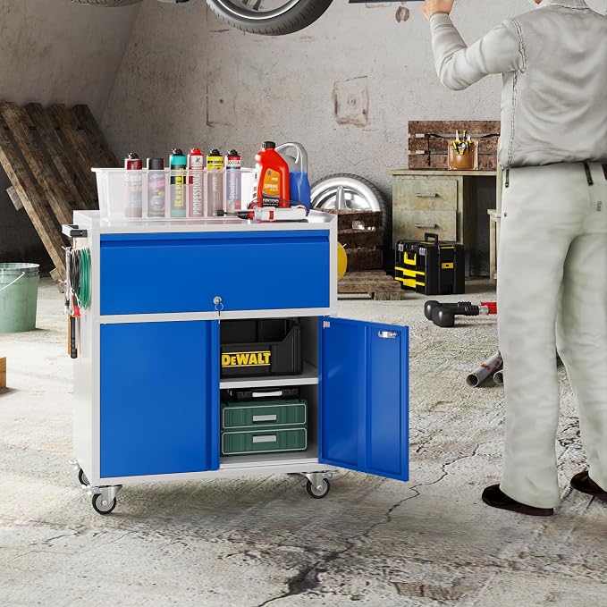 Aobabo Metal Cabinet with Wheels, Metal Garage Cabinet with 1 Drawer and 4 Hooks - Image 7