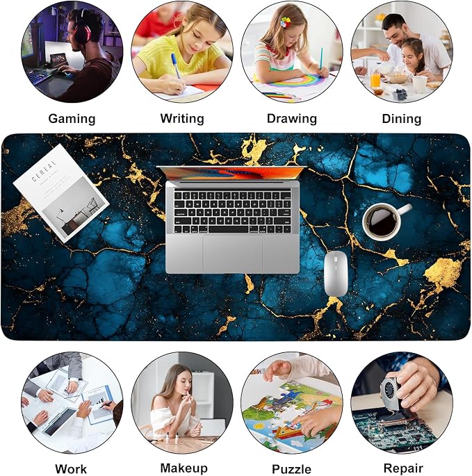 Blue Marble Gold Vein Mouse Pad – Large Extended Desk Mat 35.43 x 15.75 in – - Image 9