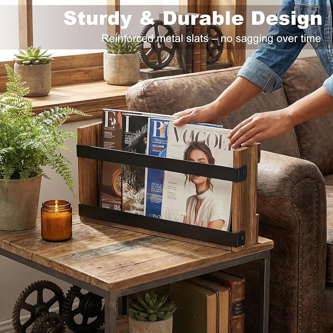 Wood Magazine Holders Wall & Bathroom Magazine Rack, Pine Wood + Black Metal - Image 7