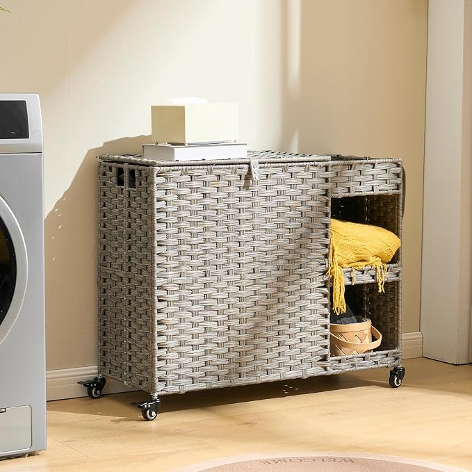 Laundry Hamper with Wheels, 42.3 Gal. Laundry Sorter with Shelves, Rattan - Image 8