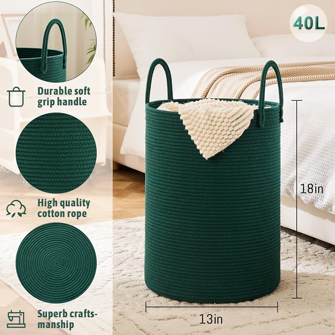 Laundry Basket, Woven Cotton Rope Laundry Hamper, 40L - Image 6