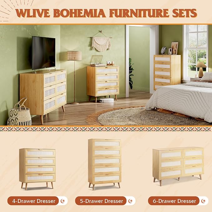 WLIVE Rattan Dresser for Bedroom, 4 Drawer Wooden Boho Dresser Storage - Image 9