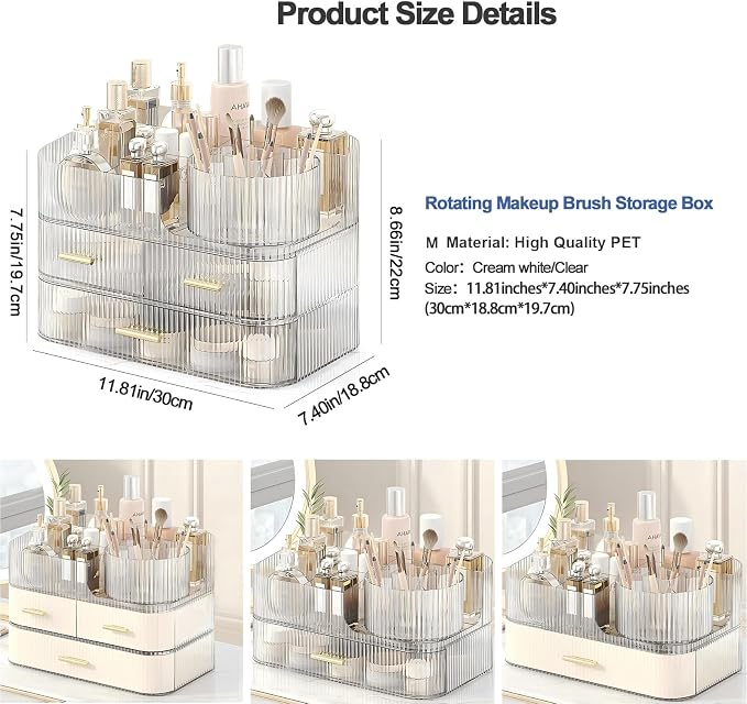 DASITON Makeup Organizer with Drawers and Rotating Makeup Brush Holder - Image 7