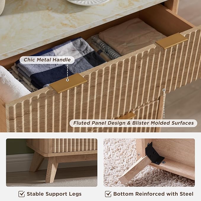 T4TREAM Fluted 6 Drawers Dresser, Curved Profile Design, Dresser TV Stand - Image 6
