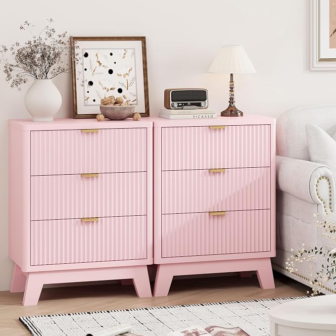 Fluted Nightstand with 3 Storage Drawers, Mid Century Modern Wooden Side Table - Image 7