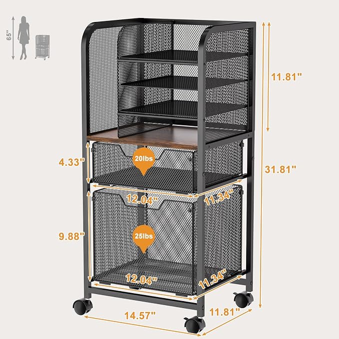 6-Tier Rolling File Cart with 2 Drawers, File Cabinet Organizer - Image 8
