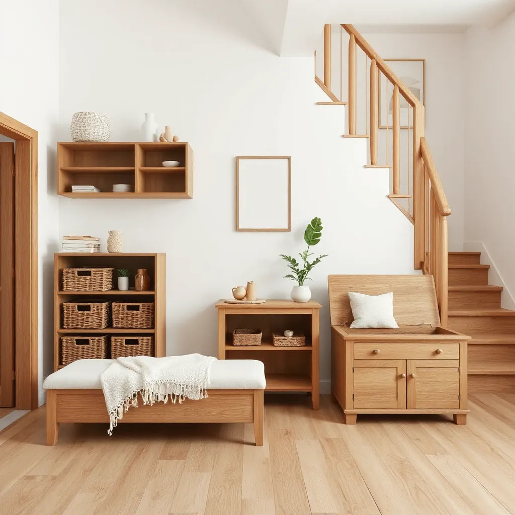 Small living room with wall cabinets, under-stair drawers, and a compact storage bench keeping items neatly organized