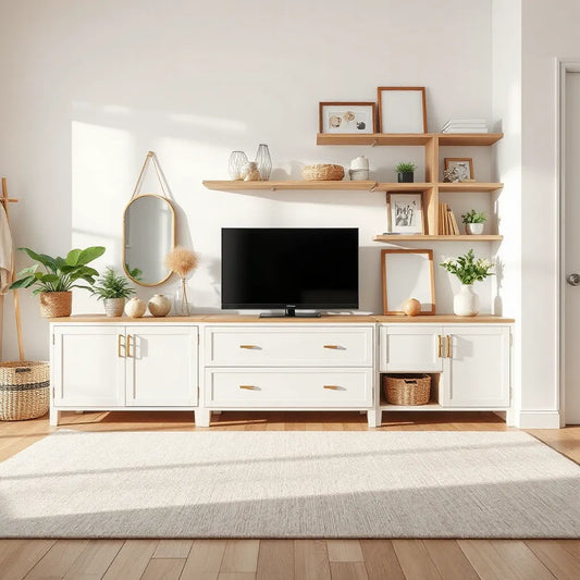 Modern living room with sleek storage console, woven baskets, and neatly organized shelves for decluttering