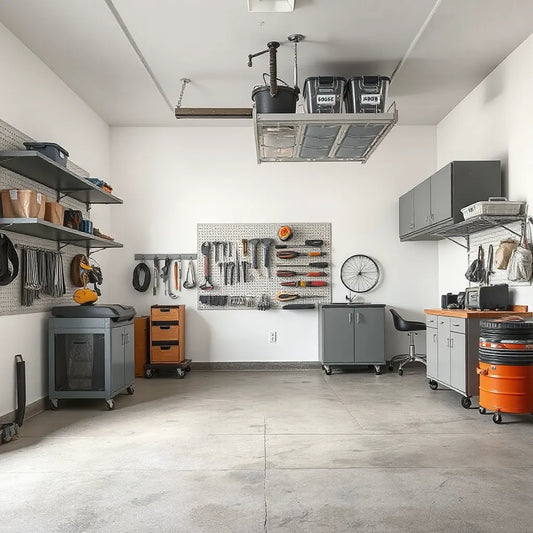 Organized garage with wall shelves, cabinets, a pegboard, and overhead storage bins