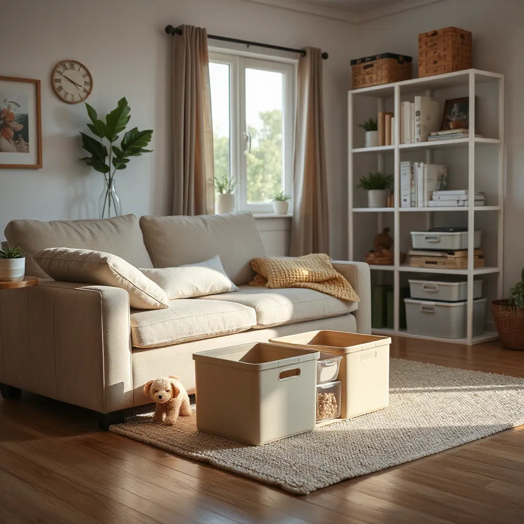 Neatly arranged storage bins and organizers in a bright living room for easy decluttering