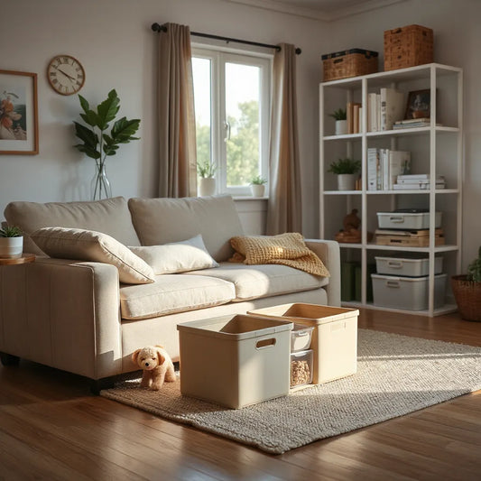 Neatly arranged storage bins and organizers in a bright living room for easy decluttering