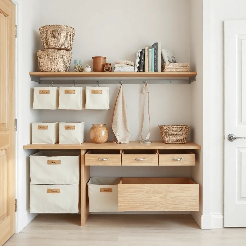 Neatly organized entryway with bins, hanging hooks, and compartment storage for a clutter-free space