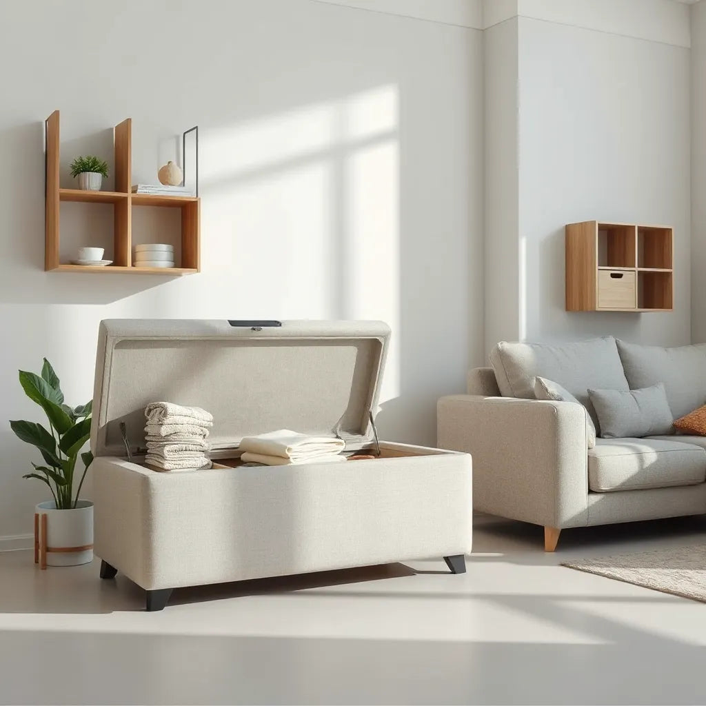 Modern living room with multi-compartment storage ottoman, modular shelves, and drawers