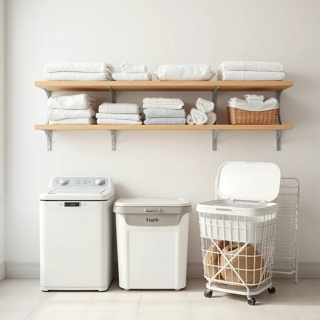 Neat laundry room with shelves, baskets, and a hamper for organized sorting and storage