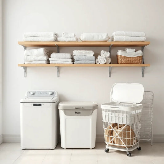Neat laundry room with shelves, baskets, and a hamper for organized sorting and storage