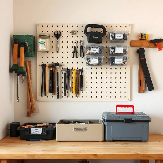 Neatly organized tools and hardware on a clean home workbench with wall storage organizers