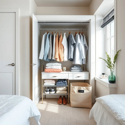 Neatly organized small-space closet with folded clothes, drawers, and hanging garments