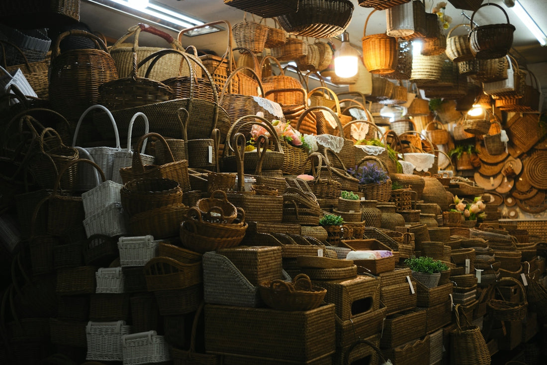 A stall filled with various woven baskets and wooden crafts