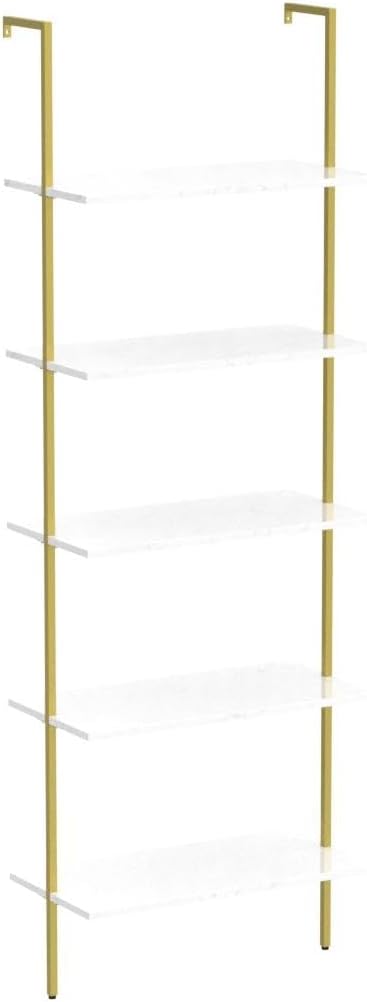 5 Tiers Ladder 2-Piece Shelf White Marble Modern Bookshelf Open Tall Wall Mount - Image 4