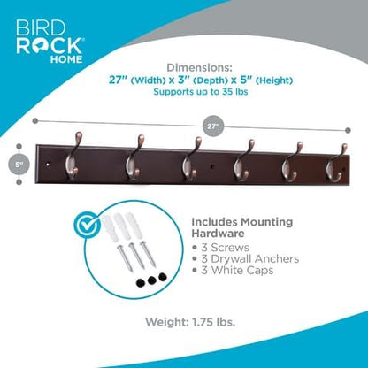 BIRDROCK HOME Oval Hook Coat and Hat Rack | 6 Hooks| Wall Mount | Brown Finish - Image 3