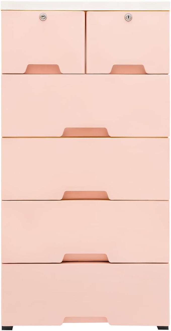 5-Layers Plastic Dresser with 6 Drawers Movable Chest of Drawers Locked Storage by Unknown