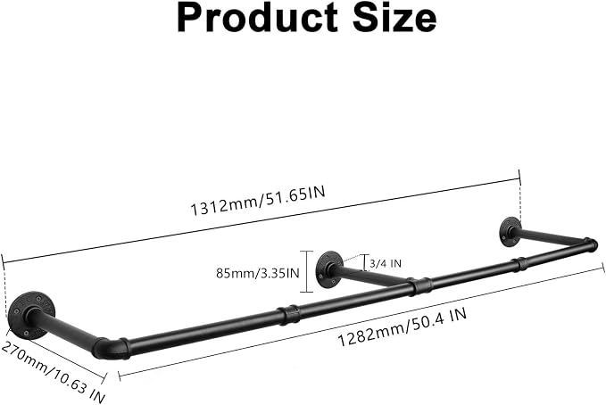 Industrial Iron Pipe Clothes Hanging Bar DIY Wall-Mounted Garment Rack Heavy - Image 3