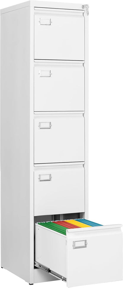 File Cabinets - 5 Drawers Vertical 17.8" Deep Lockable Filing Cabinet - White by Fesbos
