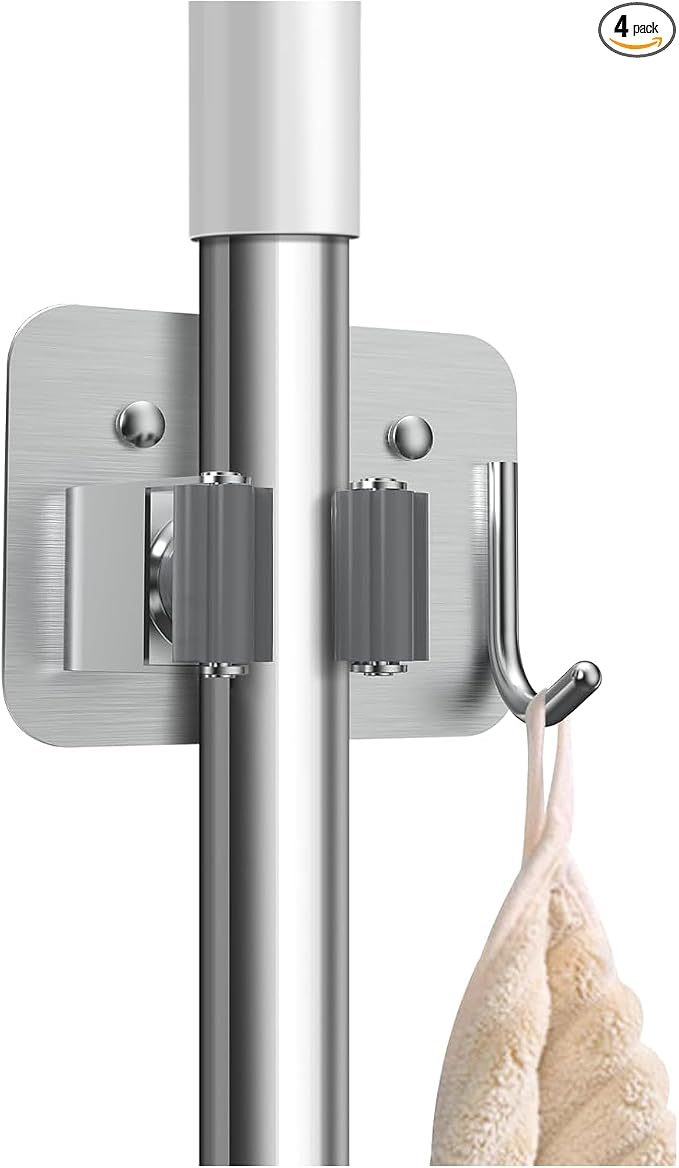 nacena Broom Holder Wall Mount, 4 Packs Silver Stainless Steel Mop and Broom by NACENA