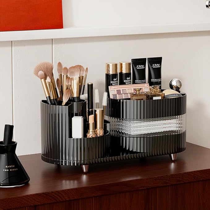 Rotating Vanity Organizer with Brush Holder and Drawer, 3 Layer Cosmetic - Image 3