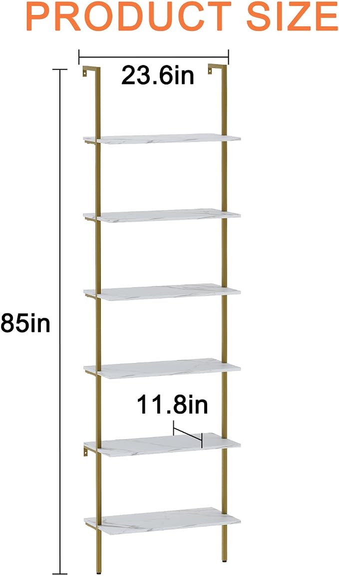 Ladder Shelf 6 Tiers Marble White Modern Bookshelf Open Tall Wall Mount - Image 3