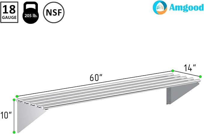 AmGood 14 in. x 60 in. NSF Stainless Steel Tubular Wall Shelf | Heavy-Duty - Image 3
