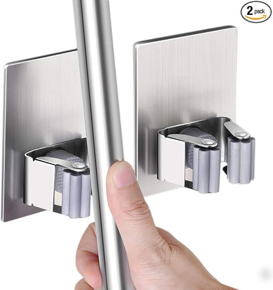 HANZE 2 Pack Stainless Steel Mop Broom Holder Organizer, Self Adhesive Wall by HANZE