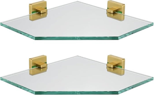 JQK Corner Glass Shelf, Brushed Gold Bathroom 304 Stainless Steel Shower by Homeimprovement