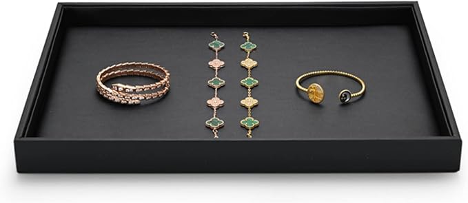 Black PU Leather Jewelry Display Flat Tray Ring Necklace Watch Organizer by Woodten