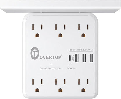 Overtop Power Charger with Shelf, Wall Outlet Extender Surge Protector with 6 by OVERTOP