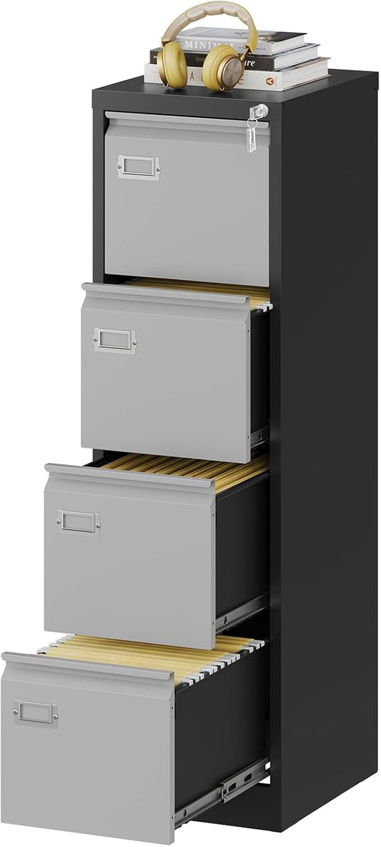 File Cabinets - 4 Drawers Vertical 17.8" Deep Lockable Filing Cabinet - Black & by Fesbos