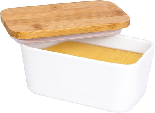 Butter Dish with Lid, LARGE 650ml Porcelain Keeper with Bamboo Lid Cover by Arswin