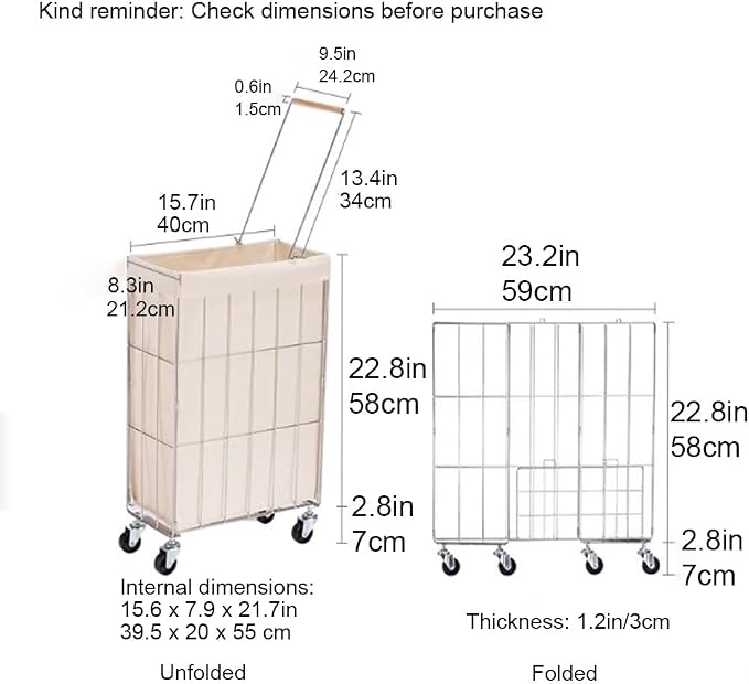 Rolling Laundry Cart with Baskets, Stainless Steel Hamper with Wheels, Slim - Image 2